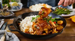 Zoete kip met rijst, snijbonen en gebakken banaan: mijn eenvoudige recept voor een snelle maaltijd